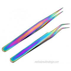 Aysekone 2 Pcs Rainbow Stainless Steel Curved Tweezers + Straight Tweezer for Rhinestones Picker Eyebrow Eyelash Tweezers Manicure Nail Art Tools