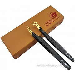 Leenax Eyelash Extension Tweezers Set of 2 Pieces 45 Degree curved and Straight -Precision Tweezers for 2D-6D Volume & Individual False Lashes.Dolphin Design Tweezers. Black and Gold