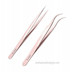 LIVINO Eyelash Extension Tweezers Straight Set of 2 Stainless Steel Extension Tweezers with Curved Tip Eyelash Extension Supplies Nipper for Eyelash Extensions Eyelash Tweezers Rose-Gold