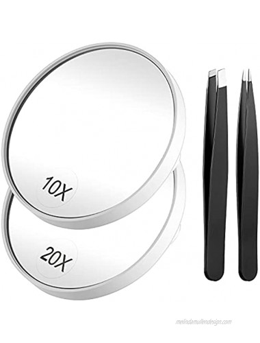 Magnifying Mirror and Tweezers Kit Funtopia 10X & 20X Magnifying Makeup Mirrors with 2 Suction Cups Portable Magnifier Travel Set for Eyebrow Tweezing Blackhead Blemish Removal 3.5 Inch Mirror