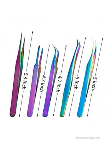Rainbow Lash Tweezers Kit Tweezers for Eyelash Extensions Nail Art Ingrown Hair Craft Work Anti-Static Precision Stainless Steel Tweezers 5 Pcs