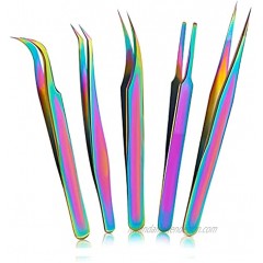 Rainbow Tweezers Set for Eyelash Extensions Straight and Curved Stainless Steel Precision Tweezer for Lash Nail Art Ingrown Hair Craft Work 5 Pcs