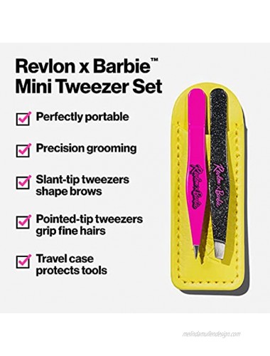 Revlon x Barbie Mini Tweezer Set Stainless Steel Hair Removal Makeup Tool includes Slant Tip & Pointed Tip Tweezers in Travel Case