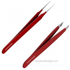 Tweezees Precision Red Stainless Steel Tweezers | Professional Slant Tip & Splinter Tip Tweezer | Extra Sharp Hair Removal Tool | For Eyebrow Shaping