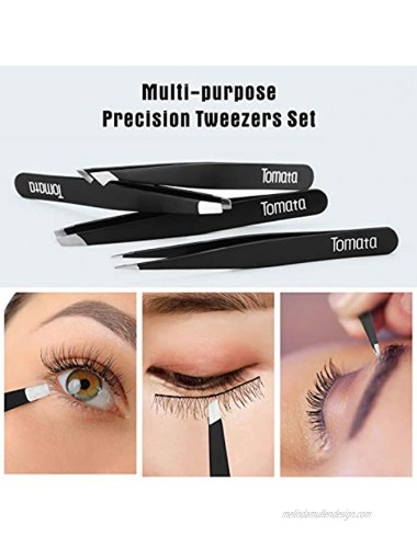 Tweezers for Eyebrows 4-piece Slant Tip and Pointed Eyebrow Tweezer Set Great Precision for Eyebrows Facial Hair Ingrown Hair Splinter Blackhead and Tick Remover Black
