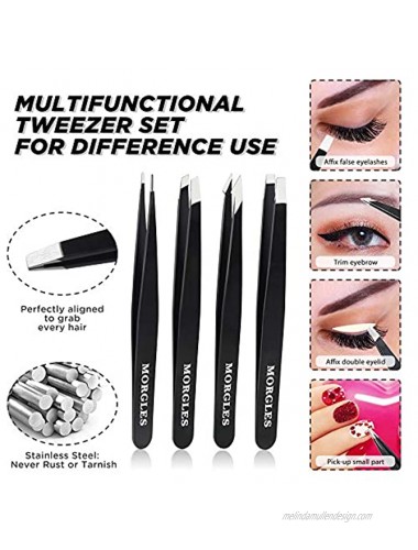 Tweezers for Eyebrows MORGLES 6PCS Tweezers for Women Precision Tweezers and Scissors Set with Eyebrow Brush Leather Case for Eyebrow Ingrown Hair Removal