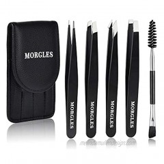 Tweezers for Eyebrows MORGLES 6PCS Tweezers for Women Precision Tweezers and Scissors Set with Eyebrow Brush Leather Case for Eyebrow Ingrown Hair Removal