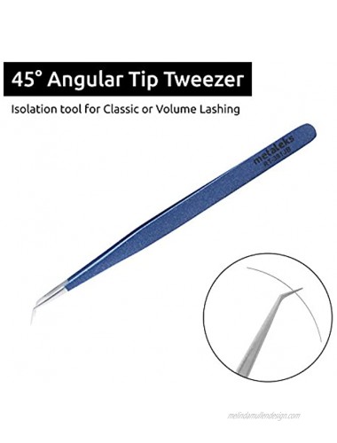 Tweezers for Eyelash Extension Long 45° Angular Tip Tweezers Hand Crafted Surgical Stainless Steel Precision Tweezers  Metallic Blue Powder Coated