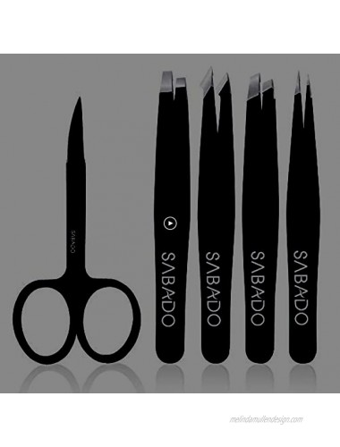 Tweezers Set 5-Piece Professional Stainless Steel Tweezers with Curved Scissors Best Precision Tweezer for Eyebrows Splinter & Ingrown Hair Removal with Leather Travel Case Black