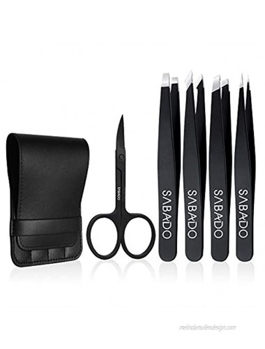 Tweezers Set 5-Piece Professional Stainless Steel Tweezers with Curved Scissors Best Precision Tweezer for Eyebrows Splinter & Ingrown Hair Removal with Leather Travel Case Black