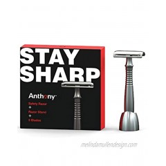 Anthony Safety Razor with Starter Pack of 5 Blades and a Razor Stand Classic Single Blade Razor for a Traditional Wet Shave.