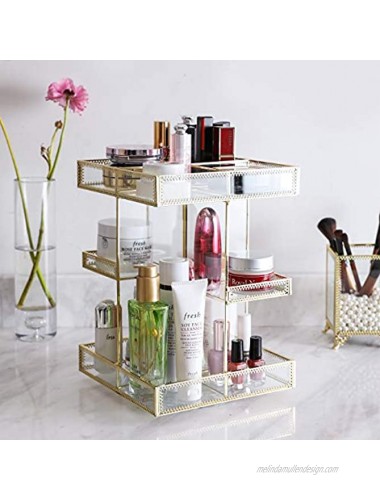 360 Degree Rotation Glass Makeup Organizer，Perfume Display Case and Cosmetic Storage ，Great for Bathroom Dresser Countertop （gold））