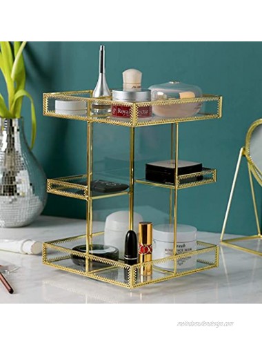 360 Degree Rotation Glass Makeup Organizer，Perfume Display Case and Cosmetic Storage ，Great for Bathroom Dresser Countertop （gold））