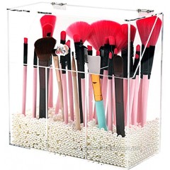 Acrylic Makeup Brush Holder with Dustproof Lid MUZILAN Large Capacity Acrylic Clear Cosmetic Brush Storage Organizer for Vanity with 3 Drawers and Pearls