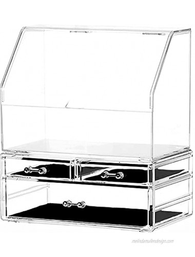 Cq acrylic Clear Makeup Organizer And Storage With Lid Stackable X Large Waterproof Dustproof Skin Care Cosmetic Display Case With 3 Drawers For Beauty Skincare Product Organizing,Set of 2