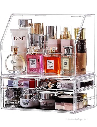 Cq acrylic Clear Makeup Organizer And Storage With Lid Stackable X Large Waterproof Dustproof Skin Care Cosmetic Display Case With 3 Drawers For Beauty Skincare Product Organizing,Set of 2
