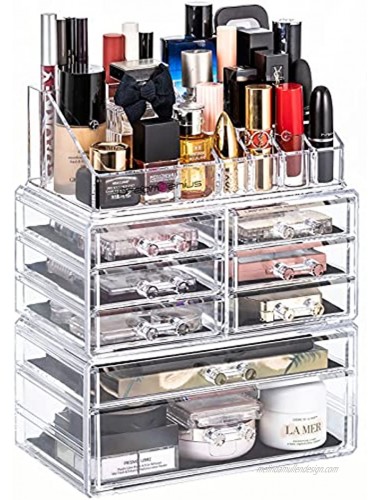 DreamGenius Makeup Organizer 3 Pieces Acrylic Cosmetic Display Cases with 8 Drawers for Jewerly Lipstick and Makeup Brushes Stackable Makeup Storage Organizer Box for Dresser and Bathroom Countertop