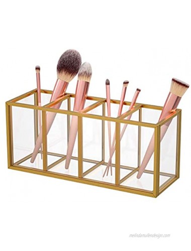 FEMELI Gold Makeup Brush Holder Organizer for Vanity Acrylic Cosmetic Brushes Storage for Bathroom Countertop Dressing Table,4 Compartments