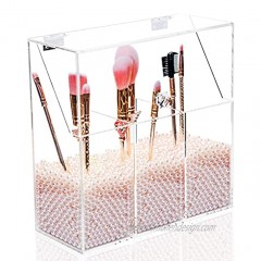 Gadexpha Acrylic Brush Makeup Organizer Holder With pearls Clear Cosmetic Brushes Storage 3 Slots Dust-proof Cosmetic Storage Case for Vanity also applied pencil holder desk organizer Pink