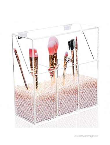 Gadexpha Acrylic Brush Makeup Organizer Holder With pearls Clear Cosmetic Brushes Storage 3 Slots Dust-proof Cosmetic Storage Case for Vanity also applied pencil holder desk organizer Pink