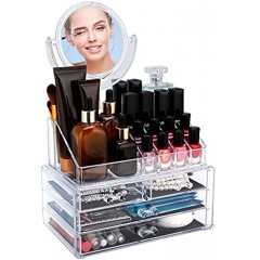 KINGROW Makeup Organizer with Mirror Acrylic Cosmetic Organizers and Storage for Skin Care Cosmetics Jewelry Nail Polish Hair Accessories 3 Pieces 4 Drawers