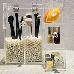 Makeup Brush Holder Acrylic Makeup Organizer with 2 Brush Holders and 3 Drawers Dustproof Box with Free White Pearl