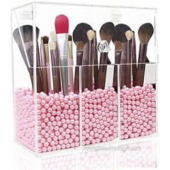 Makeup Brush Holder with Lid,Lumcrissy Makeup Organizer with 3 Brush Holders  Dust-proof Cosmetic Storage Case with 750g Pink Pearl
