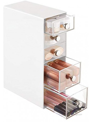 mDesign Plastic Makeup Storage Organizer for Bathroom Vanity Cabinet Counters Holds Lip Gloss Eyeshadow Palettes Brushes Blush Mascara Lipstick Liners Hair Ties 5 Drawers White Clear