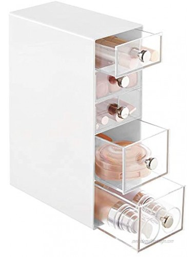 mDesign Plastic Makeup Storage Organizer for Bathroom Vanity Cabinet Counters Holds Lip Gloss Eyeshadow Palettes Brushes Blush Mascara Lipstick Liners Hair Ties 5 Drawers White Clear