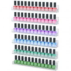 NIUBEE 6 Pack Nail Polish Rack Wall Mounted Shelf with Removable Anti-slip End Inserts Clear Acrylic Nail Polish Organizer Display 90 Bottles