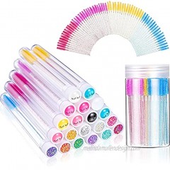 121 Pieces Disposable Mascara Eyelash Spoolie Brush Set Includes 20 Pieces Clear Reusable Eyelash Brush Tubes and 100 Pieces Assorted Color Mascara Wands with Container for Women and Girls Makeup