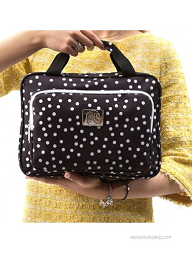 Large Hanging Toiletry Cosmetic Bag For Women XL Hanging Travel Toiletry And Makeup Organizer Bag With Many Pockets black polka dot