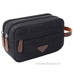 Mens Travel Toiletry Bag Canvas Leather Cosmetic Makeup Organizer Shaving Dopp Kits with Double Compartments Black