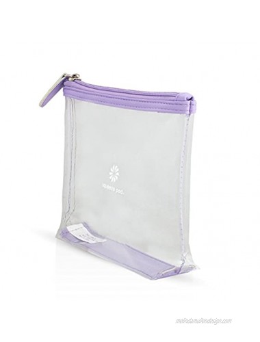 Squeeze Pod TSA Approved Clear Toiletry Bag 3-1-1 TSA Compliant Quart Size Carry On Bag for Travel Size Liquids Toiletries & Cosmetics Durable PVC Plastic Heavy Duty Zipper Purple Trim CTBPUR