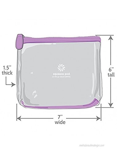 Squeeze Pod TSA Approved Clear Toiletry Bag 3-1-1 TSA Compliant Quart Size Carry On Bag for Travel Size Liquids Toiletries & Cosmetics Durable PVC Plastic Heavy Duty Zipper Purple Trim CTBPUR