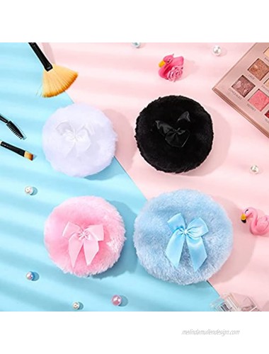 4 Pieces Large Powder Puff with Plastic Makeup Box Round Powder Puff with Ribbon Bow Compact Fluffy Cosmetics Puff Makeup Powder Loose Puff for Women Ladies Body Face 4 Colors