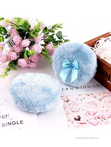 WXJ13 4 Pieces 4 inch Large Blue Fluffy Powder Puff for Body and 2 Pieces Transparent Storage Box Round Powder Loose Puff with Ribbon Bow Handle for Face & Body