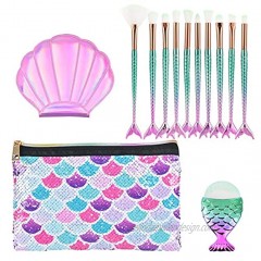 Mermaid Makeup Brush Sets with Cosmtic Bag 13 PCS Beauty Makeup Tools Eye Shadow Eyeliner Concealer Foundation Blending Blush Brushes Compact Pocket Mirror Sequins Cosmetic Case Bag