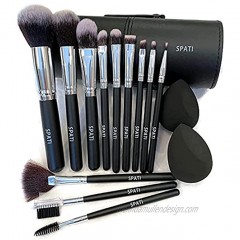 SPATI Makeup Brush Set 12 pcs professional brush set Face Cosmetic Brush for Foundation Eye Shadow Blush Concealer with PU leather brush holder Black Travel Size.