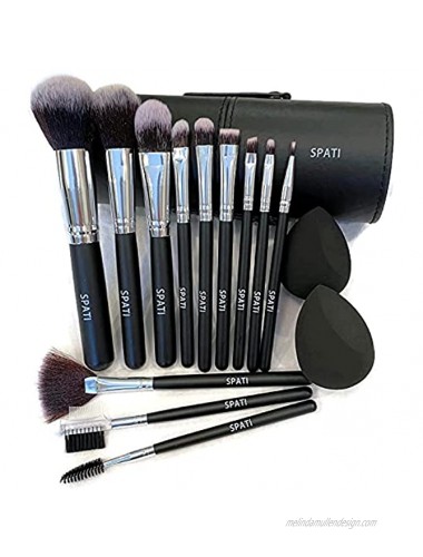 SPATI Makeup Brush Set 12 pcs professional brush set Face Cosmetic Brush for Foundation Eye Shadow Blush Concealer with PU leather brush holder Black Travel Size.