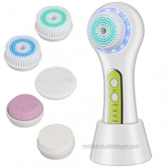 Electric Facial Cleansing Brush JLAA Rechargeable IPX7 Waterproof Face Brush with 3 Modes 5 Brush Heads for Exfoliating Massaging and Makeup Blending