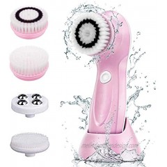 Facial Cleansing Brush [Newest Update] Waterproof Face Spin Brush with 4 Brush Heads and 2 Speed Sets for Deep Cleansing Gentle Exfoliating Removing Blackhead Massaging PINK01