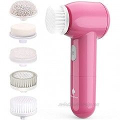 Facial Cleansing Brush Ｗaterproof Face Brush with 5 Brush Heads，Rotating Deep Cleansing Rose Red