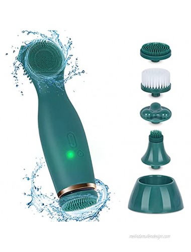 Youtelit Facial Cleansing Brush 4 Speeds Waterproof Silicone Vibration Spin Face Wash Brush USB Rechargeable with 4 Brush Heads and Base Use for Deep Cleansing and Massaging Dark Green