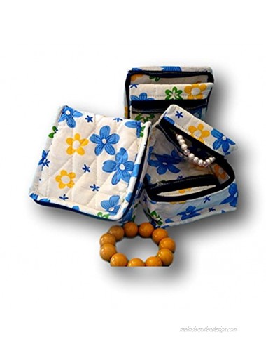 Cosmetic Organizer Jewelry Organizer Travel Pouch in Beautiful Yellow Blue Floral Design Made with Quilted Cotton