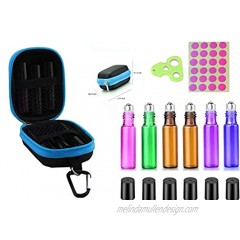 Premium 6 Pack 5ML Roller Bottles And 1 Pack MINI Essential Oil Carrying Case Perfects For Purse Travel With 1PCS Opener Key Tool 20 more Bottle Lable Sticker. Blue
