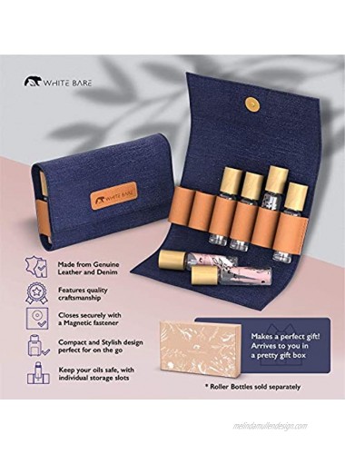 White Bare Denim Genuine Leather 10ml Roller Bottle Case Pouch Holds 6 Gift Box Essential Oil Travel Case Small Oil Clutch Bag Essential Oil Purse Carrying Case
