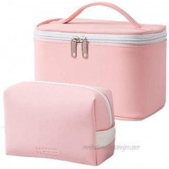 2 Pieces Makeup Bag Portable Travel Cosmetic Bag for Women PU Leather Cosmetic Pouch Water-resist Travel Organizer for Women Pink