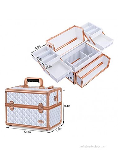 APOKE Makeup Train Case Large Portable 4-Tier Trays Cosmetic Train Case with Compartments Mirror Professional Makeup Storage Organizer Box with Carrying Handle Shoulder Girdle for Women and Girls