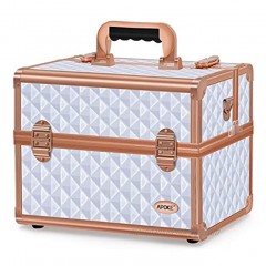 APOKE Makeup Train Case Large Portable 4-Tier Trays Cosmetic Train Case with Compartments Mirror Professional Makeup Storage Organizer Box with Carrying Handle Shoulder Girdle for Women and Girls